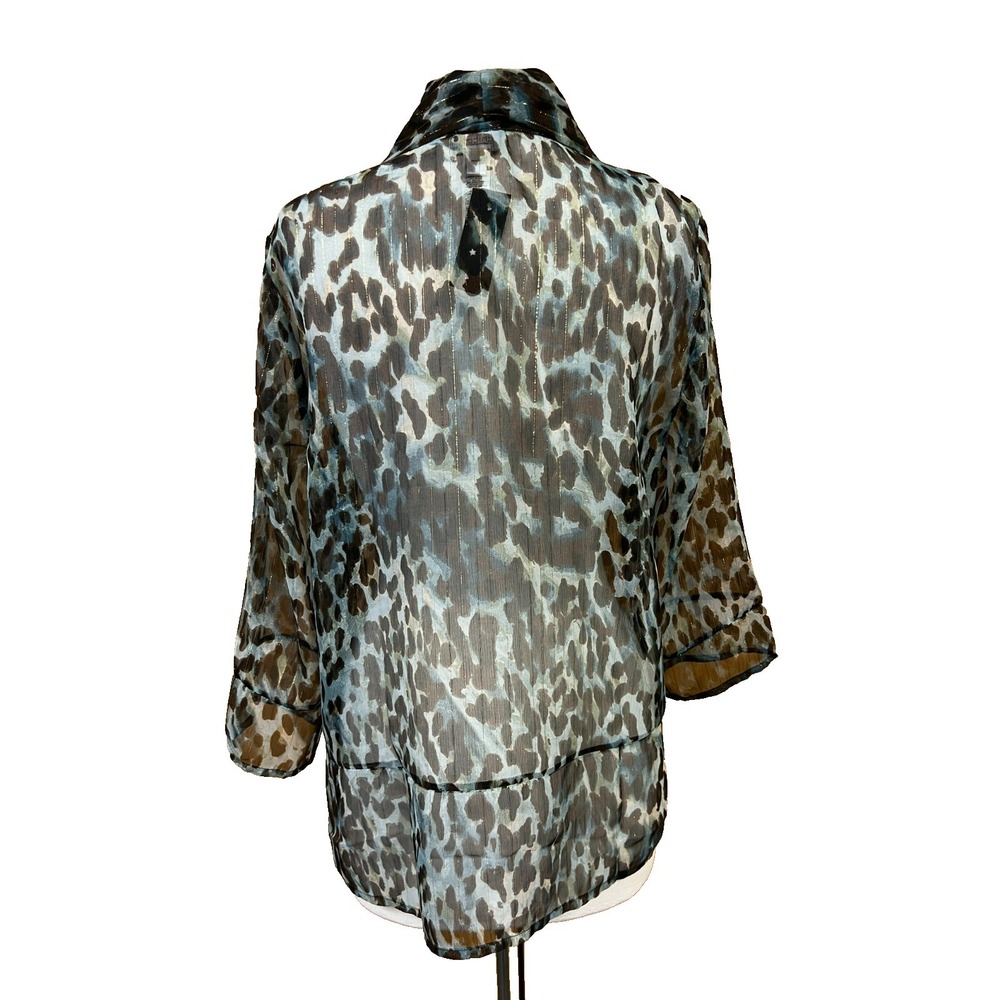 Chico's SZ 2 Open Cardigan/Coverup Sheer Georgette Blue Brown Gold Animal Print - Picture 3 of 11